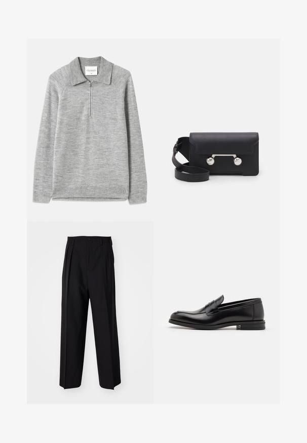 Grau Pullover mit Kragen und halbem Reißverschluss. Aus weichem Strickmaterial gefertigt, mit geripptem Saum und Ärmeln sowie einer glatten Textur.; Schwarze, plissierte Hose mit geradem, weitem Bein. Hergestellt aus glattem Stoff, mit Knopfverschluss und Gürtelschlaufen.; Schwarze Lederloafers mit glatter Textur, rundem Zehenbereich und einem dekorativen Riemen über dem Vorderfuß. Niedriger, gestapelter Absatz, minimalistisches Design.; Schwarze Leder-Umhängetasche mit Klappenverschluss, silberfarbener Hardware und zwei runden Akzenten. Verfügt über einen abnehmbaren Schulterriemen. Glatte Textur.