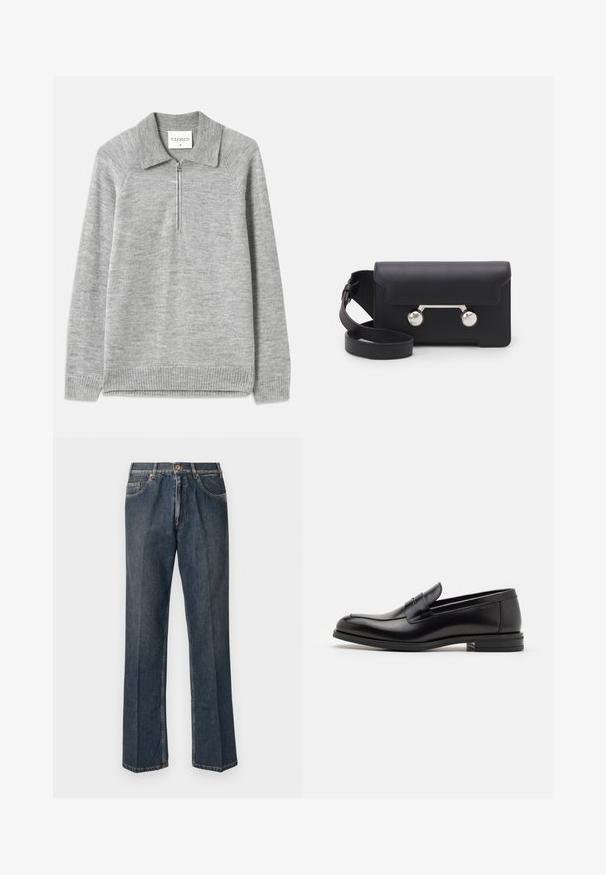 Pulôver cinza com colarinho e meia-zíper. Feito de um material de malha macio, com bainha e mangas caneladas, apresentando uma textura lisa.; Jeans de ganga de perna reta azul escuro com botão à frente, fecho de correr, dois bolsos frontais e vinco vertical visível ao longo das pernas.; Mocassins de couro preto com uma textura suave, bico arredondado e uma faixa decorativa sobre o peito do pé. Salto baixo e empilhado, design minimalista.; Saco transversal em pele preta com fecho de aba, ferragens em tom prateado e dois acentos redondos. Apresenta uma alça destacável. Textura suave.