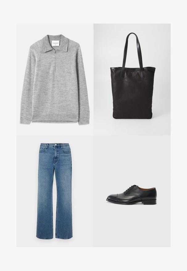 Grå stickad tröja med krage och halvdragkedja. Tillverkad av ett mjukt stickat material, med ribbad nederkant och ärmar, i en slät textur.; Vida blå jeans i vida ben av denim med en blekt finish. Har fem fickor, knappstängning fram och rak skärning.; Svart läderklänning sko med en slät yta, rund tå, fem öglor för snören och låg klack. Minimalistisk design med subtila sömmar.; Svart canvas toteväska med svarta läderhandtag. Enkel design, rymlig kropp och en slät textur. Inga synliga logotyper eller mönster.
