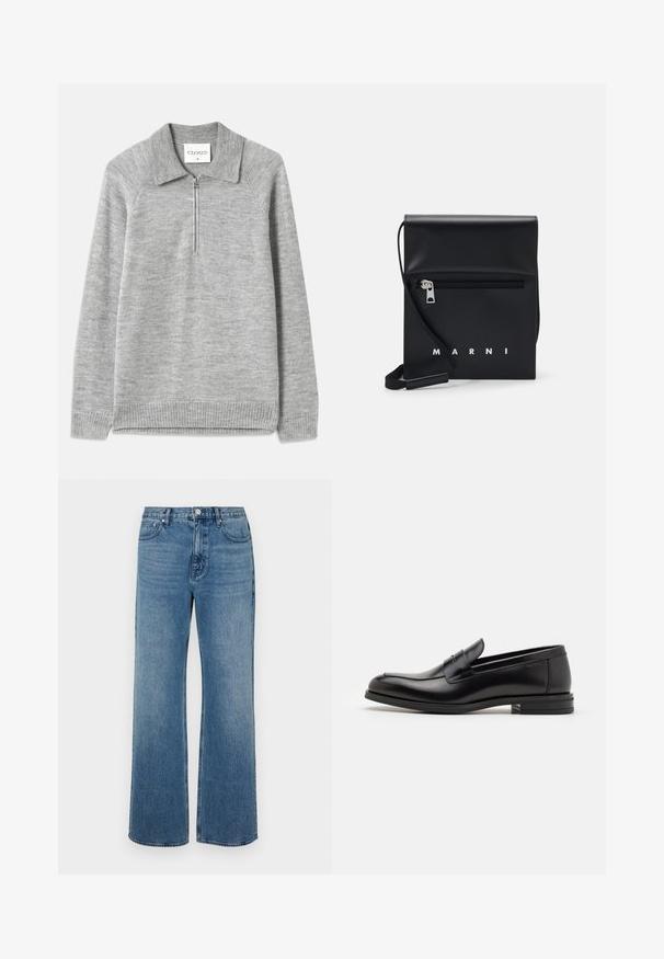 Pull-over gris avec col et demi-zip. Fabriqué dans un matériau en tricot doux, avec un ourlet et des manches côtelés, et une texture lisse.; Jean bleu à jambes larges en denim avec une finition délavée. Comprend cinq poches, une fermeture à bouton à l'avant et une coupe droite.; Mocassins en cuir noir avec une texture lisse, bout rond et une sangle décorative sur le dessus. Talon bas empilé, design minimaliste.; Sac à bandoulière en cuir noir avec une poche avant zippée, logo embossé et une bandoulière ajustable. Texture lisse avec une forme structurée.