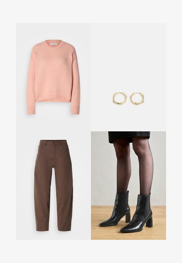 Gaiši rozā adīts džemperis ar apaļu kakla izgriezumu, nolaistām plecu šuvēm un ribotām piedurknēm un apakšmalu. Mīksta tekstūra, ikdienišķs dizains.; Brūnas taisnās kājas bikses ar priekšējo pogu un rāvējslēdzēju, jostas cilpiņām un sānu kabatām, attēlotas uz baltā fona.; Melni ādas potīšu zābaki ar izdilušu purngala formu, masīvu kvadrātveida papēdi un elegantu dizainu. Iekļautas elastīgas sānu paneļi, kas nodrošina ērtu uzvilkšanu.; Zelta riņķveida auskari ar tekstūru un neregulāru formu. Iekļauj bezšuvju aizdari un pulētu virsmas apdari, uzsverot mūsdienīgu dizainu.