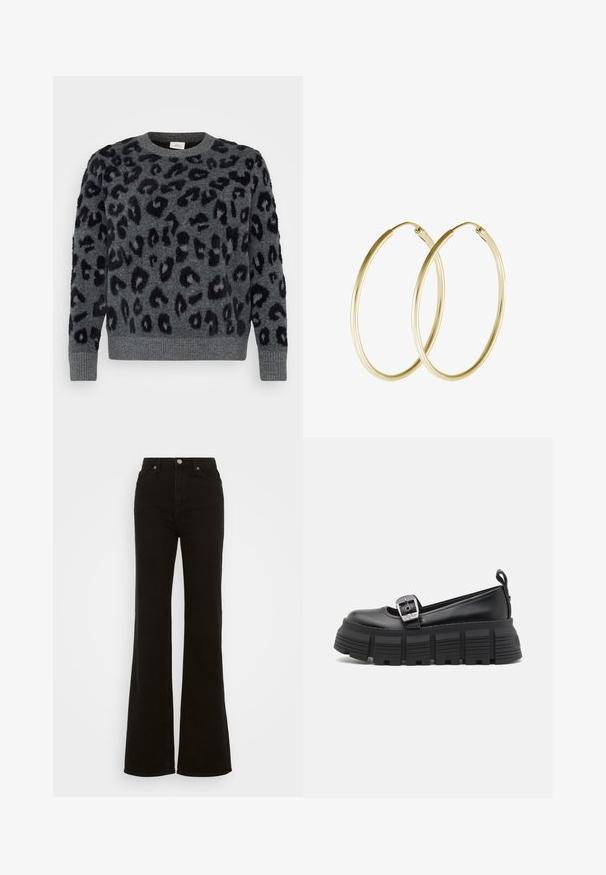 Gray sweater with black leopard spots, featuring a crew neck and ribbed cuffs, made of a soft, textured material.; High-waisted black flared jeans made of denim, featuring a button closure, side pockets, and a smooth texture.; Black platform loafers with a rounded toe, smooth leather upper, adjustable buckle, and textured rubber sole featuring horizontal ridges.; Gold hoop earrings featuring a smooth, rounded design with a shiny finish. Lightweight construction with a secure clasp closure.