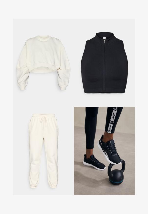 Cropped sweatshirt in off-white fabric, featuring a ribbed crew neck, dropped shoulders, and banded hem. Smooth texture and minimal design.; Black sports crop top with a high collar and front zipper. Made from stretchy fabric with a smooth texture and minimal seams.; Cream-colored sweatpants made of soft fabric, featuring an elastic waistband with drawstring, side pockets, and tapered cuffs at the ankles.; Black athletic shoes with a textured upper, white sole, and gray accents, positioned on a black kettlebell with a blue stripe, against a neutral background.