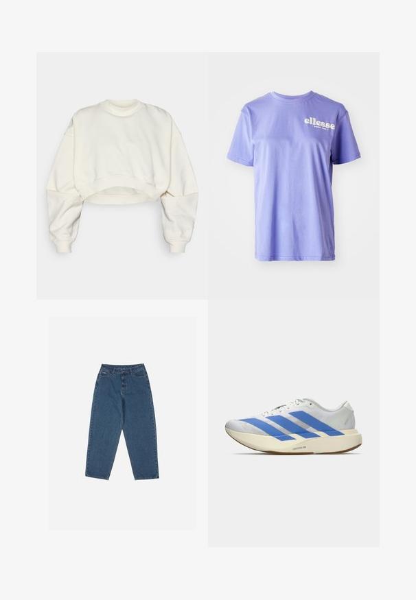Felpa cropped in tessuto off-white, con colletto a girocollo a costine, spalle scese e orlo a bande. Texture liscia e design minimal.; T-shirt di cotone viola con scollo rotondo, maniche corte e logo "ellesse" bianco stampato sulla parte anteriore. Tessuto morbido.; Jeans in denim blu con una vestibilità rilassata, vita alta, design a cinque tasche e dettagli di cucitura. Caratterizzati da una chiusura con bottone e zip.; Scarpa da atletica bianca con strisce blu, tomaia testurizzata, suola piatta e marchio "LIGHTSTRIKE PRO" sul lato. Design a profilo basso.