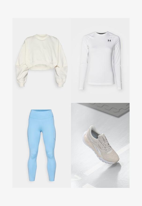 Felpa cropped in tessuto off-white, con colletto a girocollo a costine, spalle scese e orlo a bande. Texture liscia e design minimal.; Maglietta sportiva a maniche lunghe di colore bianco, realizzata in tessuto liscia, con collo rotondo e logo nero sulla parte superiore sinistra del petto.; Leggings blu chiaro realizzati in un tessuto elasticizzato. Presentano un'ampia vita, una consistenza liscia e cuciture curve lungo le gambe.; Scarpa atletica di un beige chiaro con tomaia perforata, accenti testurizzati, collo imbottito e suola in gomma bianca, progettata per comfort e traspirabilità.