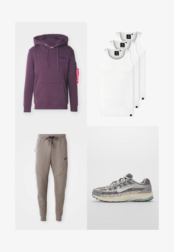 Felpa viola realizzata in tessuto morbido con tasca frontale, cordini, tasca laterale con zip e un'etichetta in tessuto appesa alla manica.; Tre canotte bianche a coste in cotone. Presentano un colletto rotondo e piccole etichette nere vicino all'orlo. Disponibile in diverse taglie.; Pantaloni sportivi Nike grigi con cintura regolabile, gambe affusolate, tasche laterali e dettagli di cucitura distintivi. Tessuto morbido e texture.; Scarpa sportiva grigia con tomaia in mesh e suede, dettagli bianchi, suola ammortizzata e un design distintivo con elementi riflettenti.