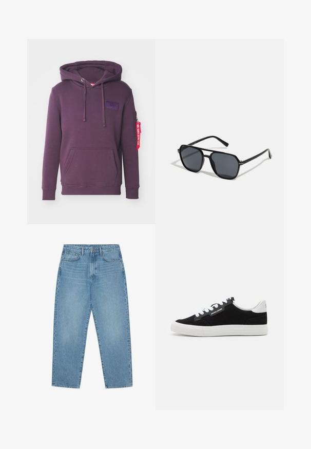 Sudadera morada hecha de un tejido suave, con un bolsillo frontal, cordones, un bolsillo lateral con cremallera y una etiqueta de tela colgando de la manga.; Jeans de denim azul claro de pierna ancha con cintura alta, que cuentan con cinco bolsillos, trabillas para cinturón y una textura suave y ligeramente deslavada.; Jack & Jones JFWMORDEN COMBO - Zapatillas - anthracite; Gafas de sol negras con montura octogonal, lentes oscuros, acabado brillante, varillas delgadas y acentos dorados en la parte frontal.
