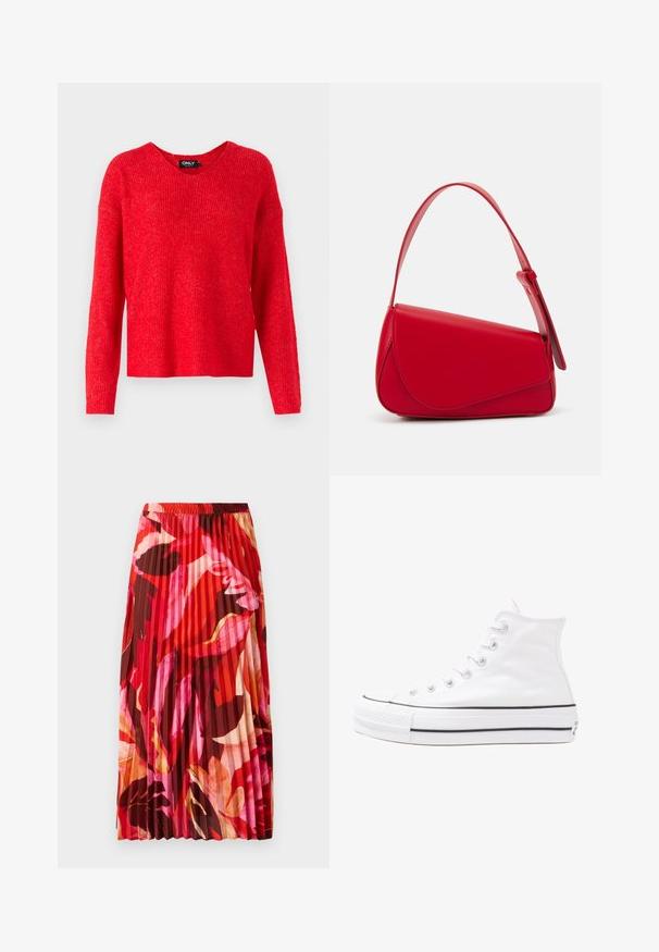 ONLY ONLCAMILLA V NECK - Neule - true red; Kukkakuvioinen paita pitkillä puff-hihoilla, vaalean kerma pohja, jossa on violetteja, oransseja ja vihreitä kukkakuoseja sekä klassinen kaulustyyli.; Pleated maxi-hame kirkkaina punaisena, vaaleanpunaisena ja ruskeana kukkaprinttina. Elastinen vyötärö ja sileä pinta parantavat mukavuutta ja tyyliä.; Valkoiset korkeavartiset kangaskengät mustalla kumipohjalla, edessä kuminen varvasosa ja kuusi nauha-aukkoa, puhtaan minimalistisella muotoilulla.; Punainen nahkalaukku, jossa on kulmikas, geometrinen muotoilu. Varustettu yhdellä säädettävällä hihnalla ja läpällä, jossa on ommeltu yksityiskohtia.
