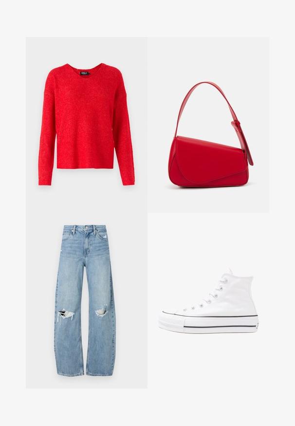 ONLY ONLCAMILLA V-NECK LS KNT - Trui - true red; Lichtblauwe, hooggeritste jeans van denim. Beschikken over wijde pijpen, twee gescheurde knievalken en klassieke vijfzakken styling.; Witte high-top canvas sneakers met een zwarte rubberen zool, een rubberen neuskap aan de voorkant en zes gaatjes voor veters, met een schone, minimalistische uitstraling.; Rode leren handtas met een hoekig, geometrisch ontwerp. Beschikt over een enkele verstelbare schouderriem en een klepclosure met gestikte details.