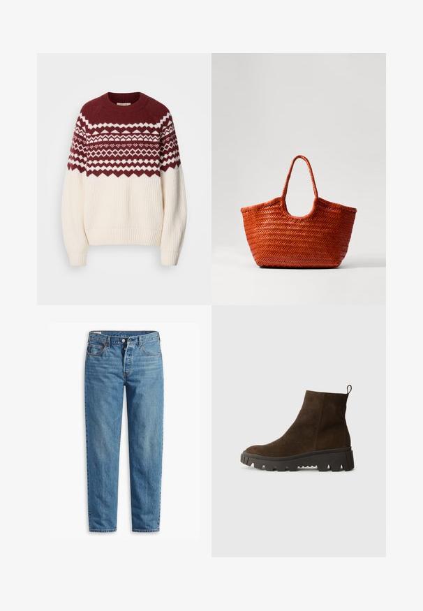 Sweter dzianinowy z bordowym i białym geometrycznym wzorem na karczku, z kremowym korpusem, ściągaczami na rękawach i na dole. Okrągły dekolt.; Niebieskie dżinsy z prostym krojem nogawki, z zapięciem na suwak, dwiema przednimi kieszeniami i delikatnym przetarciem na całej powierzchni materiału.; Brązowy zamszowy botek za kostkę z masywną czarną gumową podeszwą, posiadający lekki obcas i pętelkę z tyłu ułatwiającą zakładanie.; DRAGON DIFFUSION NANTUCKET pomarańczowy
