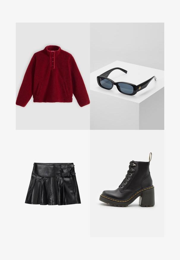 Pulover din fleece roșu cu guler înalt și jgheab cu patru nasturi, având două buzunare laterale și o suprafață moale, texturată.; Fustă din piele neagră cu pliseuri, talie largă și două detalii cu catarame pe lateral. Textură netedă cu un finisaj lucios.; Botine din piele neagră, cu toc înalt masiv, sistem de prindere cu șiret, ocheți din metal și cusături galbene de-a lungul tălpii. Talpă din cauciuc texturat.; Ochelari de soare rectangulari negri cu lentile nuanțate de albastru, cu rame groase și un accent circular auriu pe lateral. Finisaj elegant și lucios.; Geantă bordeaux din material sintetic, cu un design structurat, având un breteau detașabil și o eșarfă cu un model floral legată de mânere.