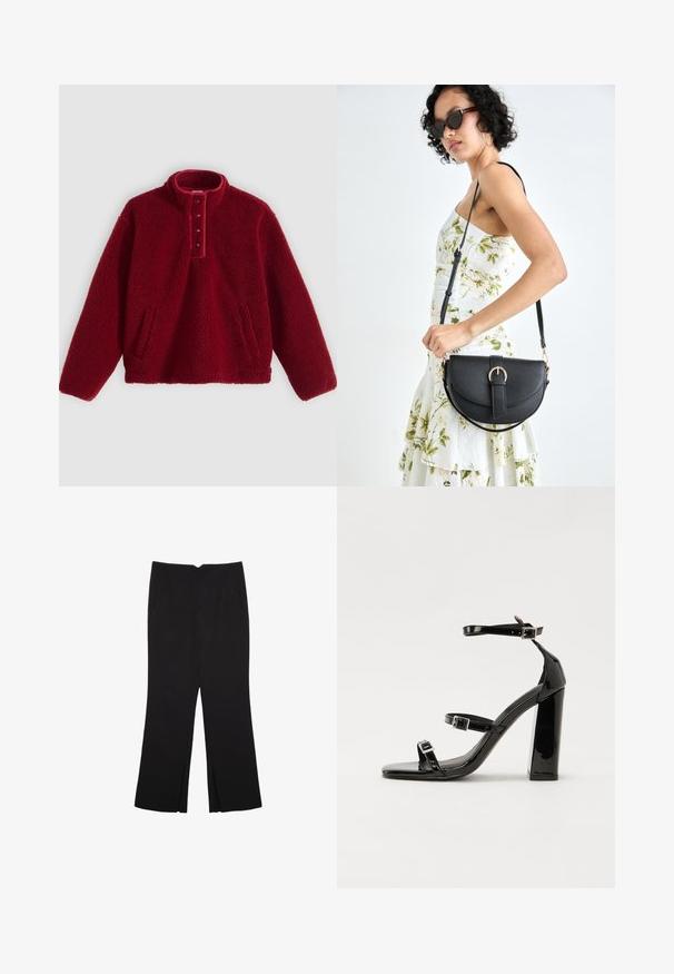 Crveni flis pulover s visokim ovratnikom i plastičnim zatvaračem s četiri gumba, s dvije bočne džepa i mekanom, teksturiranom površinom.; Crne hlače ravnog kroja, s prednjim džepovima i bočnim prorezima na rubu. Izrađene od mekog i glatkog materijala. Pogodne za razne prigode.; Crne lakirane sandale na visoku petu s dva remena s kopčama, kvadratnim vrhom i masivnom blok petom, s glatkom, sjajnom teksturom.; Crna kožna torba s lukovitim oblikom, odvojivim remenom i zlatnim detaljima. Torba ima preklop s kopčom.
