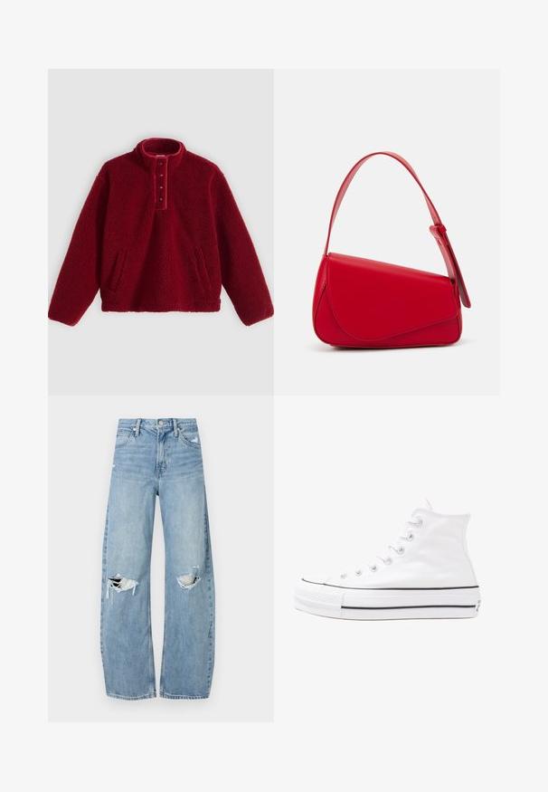 Camisola polar vermelha com gola alta e carcela de quatro botões, apresentando dois bolsos laterais e superfície macia e texturizada.; Jeans de lavagem clara, de cintura alta, feitos de denim. Apresentam pernas largas, duas áreas rasgadas nos joelhos e o estilo clássico de cinco bolsos.; Sapatilha alta de tela branca com sola de borracha preta, bico de borracha na frente e seis ilhós para os atacadores, apresentando um design limpo e minimalista.; Bolsa de mão em couro vermelho com um design angular e geométrico. Apresenta uma única alça ajustável e um fecho com aba, com detalhes cosidos.