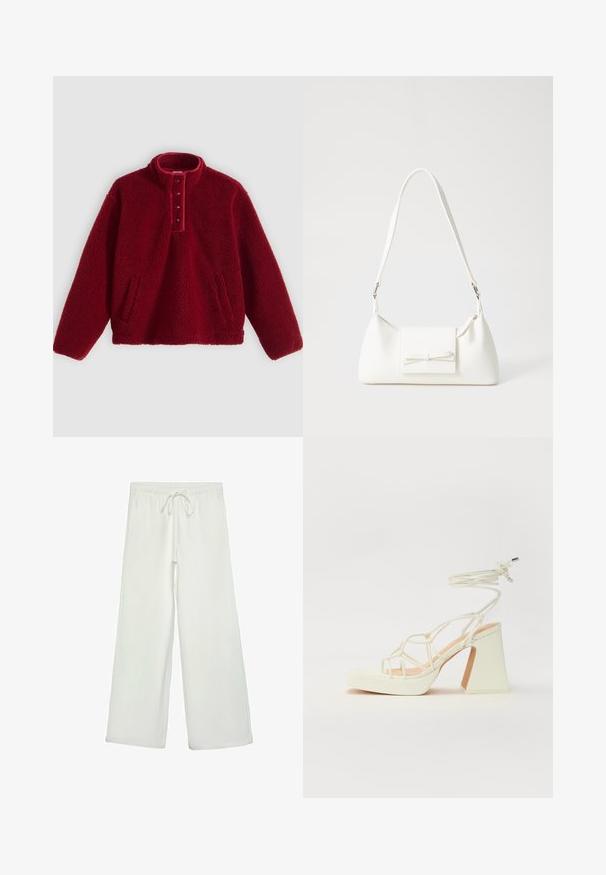 Crveni flis pulover s visokim ovratnikom i plastičnim zatvaračem s četiri gumba, s dvije bočne džepa i mekanom, teksturiranom površinom.; Bijele hlače širokog kroja od mekog materijala. Imaju elastični pojas s vezicom i glatku teksturu. Nema vidljivih uzoraka ili metalnih dijelova.; Bijela sandala na visokoj potpetici s debelim petom, s remenom i vezanjem oko gležnja. Glatka tekstura s platformom sprijeda za dodatnu visinu.; Bijela sintetička torbica s trokutastim oblikom, ravnim prednjim poklopcem i detaljem u obliku mašne, podesivom remenom, glatkom teksturom i minimalističkim dizajnom.