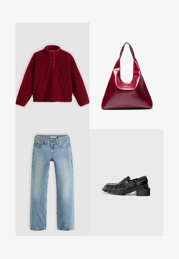 Jersey polar rojo con cuello alto y tapeta de cuatro botones, con dos bolsillos laterales y una superficie suave y texturizada.; Jeans de pierna recta de color azul claro, confeccionados en denim, con cierre de botón, cinco bolsillos y un ligero desgastado a lo largo de las piernas.; Mocasines de cuero negro con una suela estructurada, que presentan un tacón cuadrado ligeramente elevado y una parte superior texturizada, asegurados por una correa frontal.; Bolso de piel sintética rojo brillante con forma triangular, abertura superior amplia y un asa curva. Textura suave con detalles de costura mínimos.