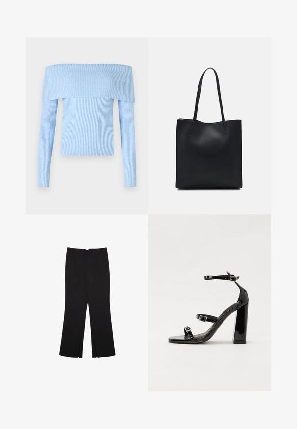 Helles Blau, gerippter, schulterfreier Pullover mit langen Ärmeln und figurbetontem Design. Der Stoff wirkt weich mit gleichmäßiger Textur.; Schwarze Hose mit geradem Schnitt, ausgestattet mit Fronttaschen und Seitenschlitzen am Saum. Hergestellt aus weichem, glattem Stoff. Geeignet für verschiedene Anlässe.; Schwarze patentierte Sandalen mit Absatz, quadratischer Spitze, Knöchelriemen und silbernen Schnallen. Mit einem stabilen Blockabsatz für mehr Stabilität.; Schwarze Laptoptasche aus Leder mit glatter Textur, rechteckiger Form und zwei langen Griffen. Keine sichtbaren Beschläge oder Verzierungen.