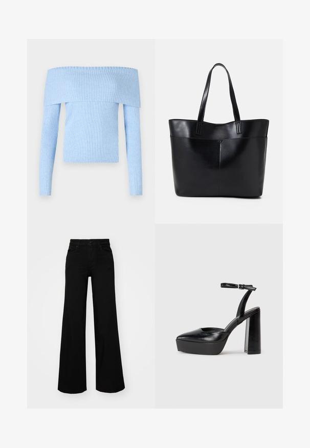 Svijetloplavi, rebrasti pleteni pulover s nadole pomičenim ramenima, dugim rukavima i uskim krojem. Čini se da je materijal mekan s ujednačenom teksturom.; Crne široke traperice s čvrstim pojasom, petljama za remen i prednjim džepovima. Gladak teksturirani materijal s klasičnim dizajnom.; Crne platforme s potpeticom s oštrim vrhom i podešivom naramenicom. Izrađene od glatke kože, s masivnom blok petom.; Crna kožna torba s dugim ručkama, glatkom teksturom i strukturiranim oblikom. Ima prednju džep za dodatno pohranu.