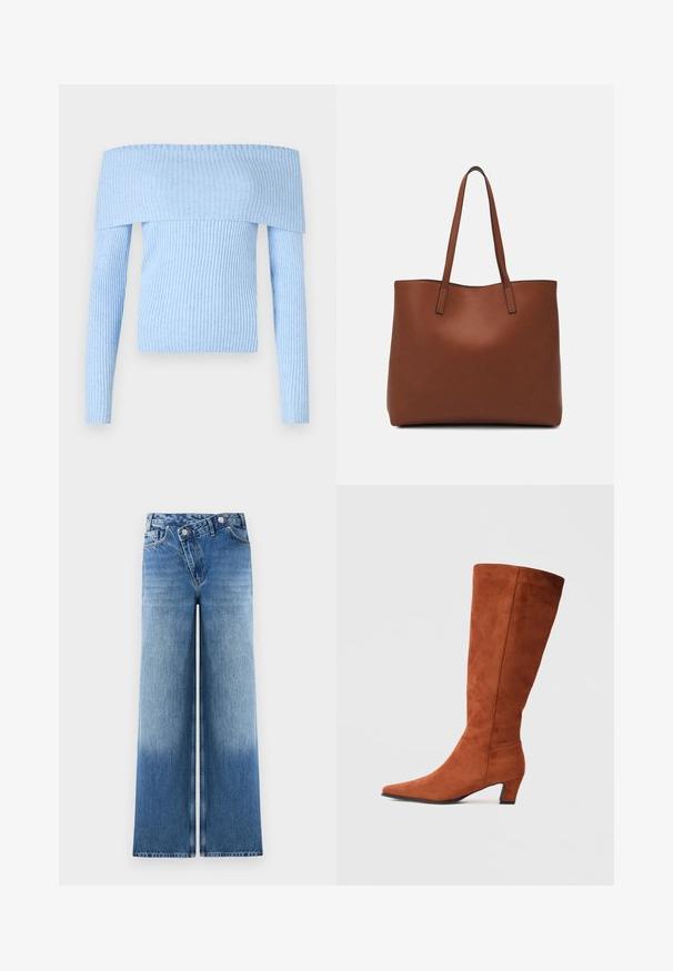 Világoskék, bordázott kötésű, válllehúzott pulóver hosszú ujjal és testhezálló kialakítással. Az anyag lágyan puha, egyenletes textúrával rendelkezik.; Világoskék, bő szárú farmernadrág, elhalványodott mosással, klasszikus öt zsebes kivitelben, fémből készült gombokkal a deréknál.; Barna velúr, térd fölé érő csizma, hegyes orral és kis kocka sarkával, sima textúrával és minimalista dizájnnal.; Barna bőr vászontáska sima textúrával, nyitott tetejű dizájnnal és két vállpánttal. Minimális varrással és látható hardver nélkül készült.