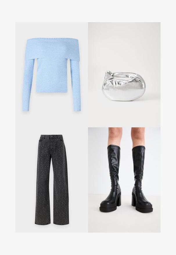Šviesiai mėlynas, raukšlėtas megztinis be pečių su ilgomis rankovėmis ir prigludusiu kirpimu. Medžiaga atrodo minkšta su nuosekliu raštu.; Noisy May NMJANNEL LOOSE - Laisvo kirpimo džinsai - black denim; Juodos iki kelių aukštos botai, pagaminti iš lygaus odos, su storu platformos dugnu ir blokuotu kulnu, su siūlėmis palei kraštus.; Sidabrinė metalinė maišelio forma su švelnia, apvalia forma ir mazgu užveriamu viršumi. Pagaminta iš lygios dirbtinės odos medžiagos.; Sidabrinės pusmėnulio auskarai minimalistiniu dizainu. Apskritimo forma, lygus paviršius ir plonas profilis. Lengvi su poliruotu apdailu.