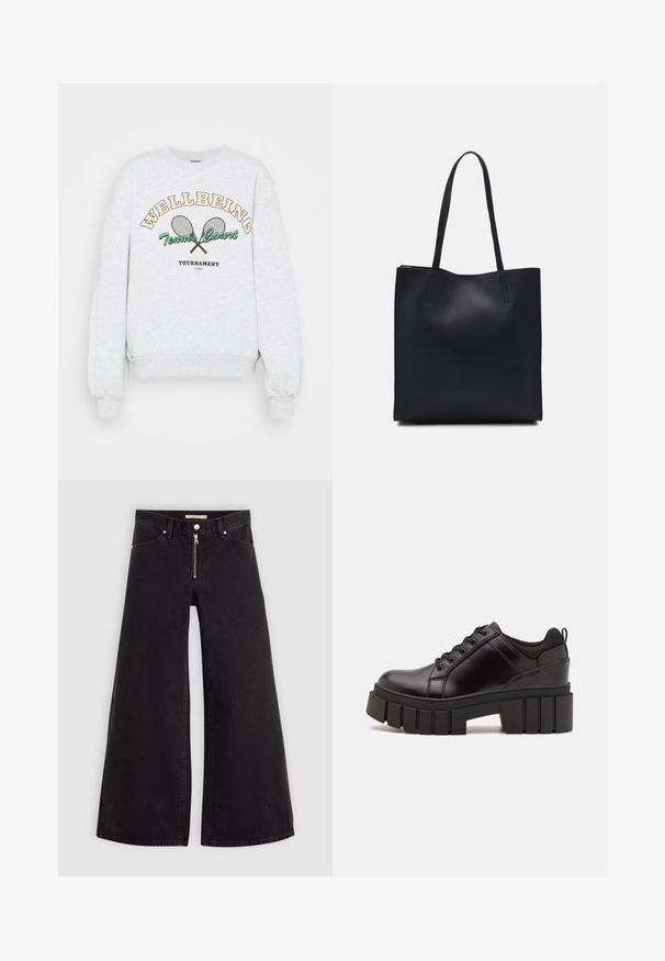 Gina Tricot RILEY - Camisola - grey melange; Calças de ganga de perna larga em denim preto com fecho éclair à frente, design de cinco bolsos e detalhes de costura subtil. Textura suave e estilo casual.; Sapatos de plataforma em couro preto com um salto bloco robusto, bico redondo e design clássico de atacadores. Apresentam uma textura suave e detalhes mínimos.; Bolsa tote preta em couro com textura lisa, forma retangular e duas alças longas. Sem hardware ou enfeites visíveis.