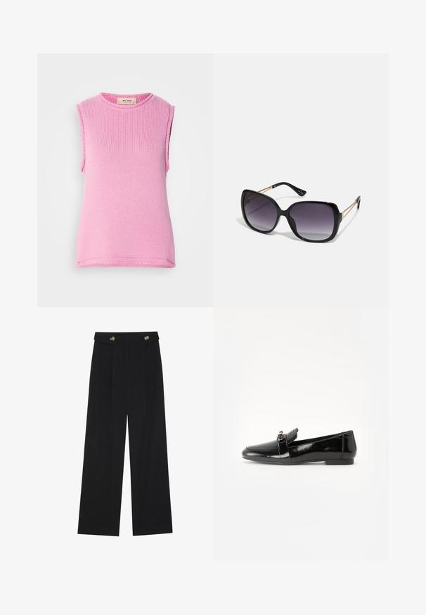 Top de punto sin mangas en un rosa sólido, con un escote redondo y tejido texturizado. El dobladillo está terminado con un sutil detalle de borde.; Pantalones de pierna ancha negros con cintura alta, detalles de botones en la cinturilla y pliegues en la parte delantera.; Mocasín de charol negro con suela plana, punta redonda y una correa decorativa con un acento en tono dorado. Acabado suave y brillante.; Gafas de sol negras de gran tamaño con lentes degradados, montura gruesa y detalles de cadena en tono dorado en las patillas.