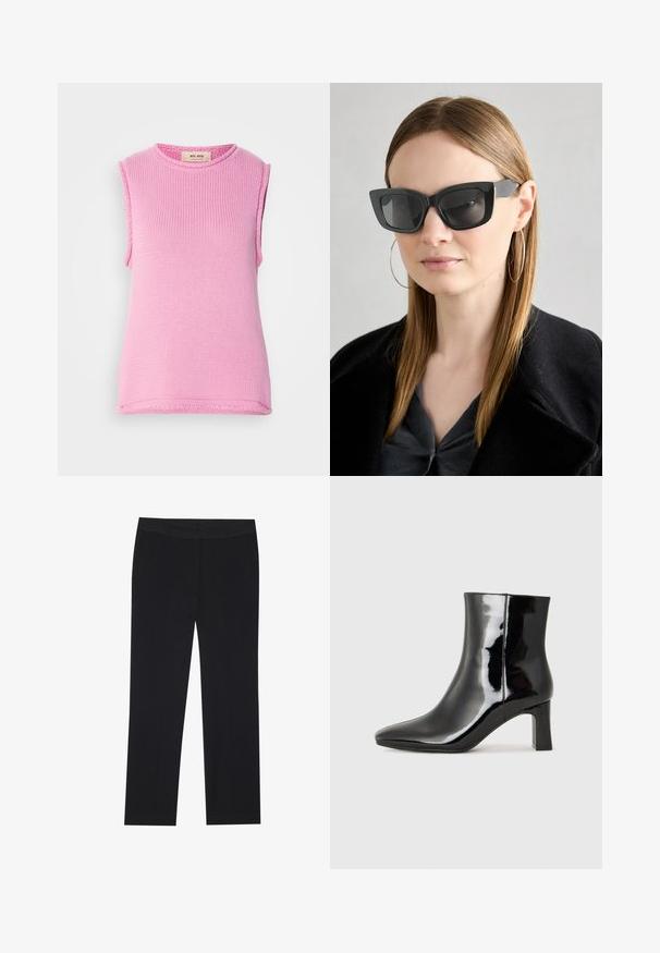 Top tricotat fără mâneci, de culoare roz uniform, cu un decolteu rotund și material texturat. Marginile sunt terminate cu un detaliu subtil.; Pantaloni negri cu un design drept, dotati cu buzunare laterale si o textura de material neteda. Detalii minimale, talie curata.; Botine negre din piele lacuită, cu vârful ascuțit și toc bloc de înălțime medie. Textură netedă și design minimalist.; Ochelari de soare negri tip cat-eye cu lentile întunecate, rame groase și accente subtile. Purtați cu o haină neagră și un top gri, având părul lung și drept.; Geantă de umăr neagră cu suprafață texturată, cu două mânere superioare și curea de umăr ajustabilă. Dispune de accesorii metalice de culoare aurie și buzunare laterale.