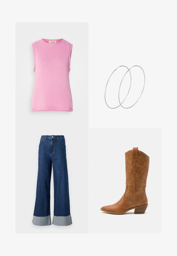 Ärmelloses gestricktes Top in einfarbigem Pink, mit Rundhalsausschnitt und strukturiertem Stoff. Der Saum ist mit einem dezenten Borderdetail versehen.; Weite Jeanshose mit dunkler blauer Waschung, ausgestattet mit einem kontrastierenden hellblauen Saum und klassischem Fünf-Taschen-Design.; Braune Leder-Cowboy-Stiefel mit spitzem Zehenbereich, bestickten Wirbelmustern am Schaft und einem gestapelten Blockabsatz. Verfügt über einen Ziehriemen für das einfache Anziehen.; Silberne Creolen mit minimalistischem Design. Rundform, glatte Oberfläche und dünnes Profil. Leichtgewichtig mit hochglänzender Oberfläche.