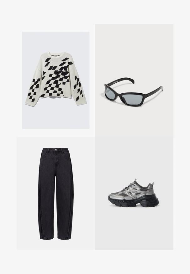Strickpullover in hellbeige mit schwarzen geometrischen Mustern. Verfügt über einen runden Halsausschnitt, lange Ärmel und eine lockere Passform.; Schwarze weit geschnittene Jeans aus Denim mit glatter Textur. Verfügt über eine hohe Taille, Fronttaschen und einen Knopfverschluss am Bund.; Silberne und schwarze Sportschuhe mit einer kräftigen Sohle, Mesh-Einsätzen und geschwungenem Design. Mit Schnürsenkeln und einer Zuglasche an der Ferse.; Schwarze Sonnenbrille mit einem eleganten, kantigen Design. Verfügt über graue Gläser und glänzende Kunststoffrahmen. Enthält kleine Metallakzente und Branding am Bügel.