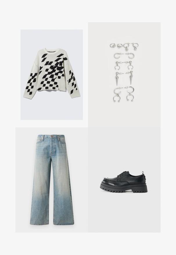 Pullover de malha em bege claro com padrões geométricos pretos. Apresenta um decote redondo, mangas longas e um corte solto.; Calças de ganga largas de cor azul-claro. Apresentam uma cintura alta, fecho de botão e um desbotamento subtil, com uma textura suave e costuras cosidas.; Sapato preto de couro grosso com atacadores, sola robusta e ilhós de metal na área dos dedos, fotografado num fundo claro e simples.; Conjunto de brincos de prata com diversos designs: argolas, studs e modelos pendentes, com acentos de bola e elementos pontiagudos.