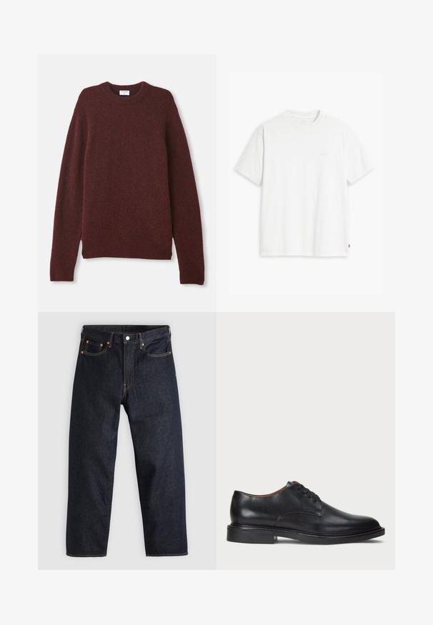 Burgundy tröja i mjukt tyg med klassisk rund halsringning, långa ärmar och en avslappnad passform. Ingen mönster eller synlig hårdvara.; Vit bomulls-t-shirt med korta ärmar, rund halsringning och en diskret "Levi's"-logotyp tryckt i ljus färg på framsidan.; Mörkblå denimjeans med rak passform, fem fickor, kontrasterande orange sömmar och knappgylf. Inga synliga mönster eller dekorationer.; Svart läderklänningsko med rund tå, snörning och låg staplad klack. Slät yta med minimala sömdetaljer.