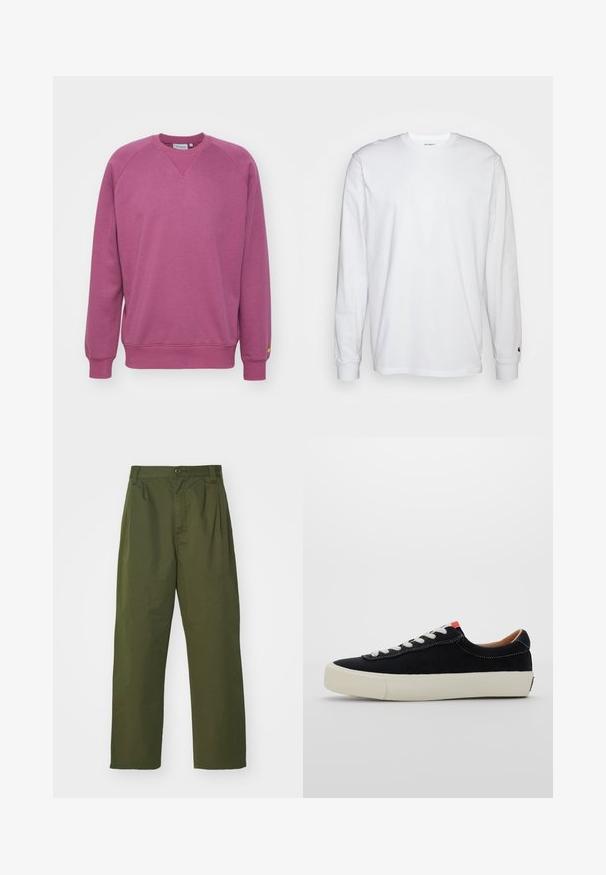 Carhartt WIP CHASE - Sportska majica - dusty fuchsia/gold; Bijela dugopruga majica s dugim rukavima od pamuka. Dizajn s okruglim izrezom, rebrastim manžetama i malim logotipom na lijevom rukavu. Glatka tekstura.; Maslinasto zelene hlače viskog struka s ravnim nogavicama. Izrađene od lagane tkanine, s prednjim nabranim detaljima i zatvaranjem na dugme.; Crne platnene tenisice s bijelim vezicama, bež guma sole i crvenim akcentom na peti. Zaobljen vrh i minimalni detalj šivanja.
