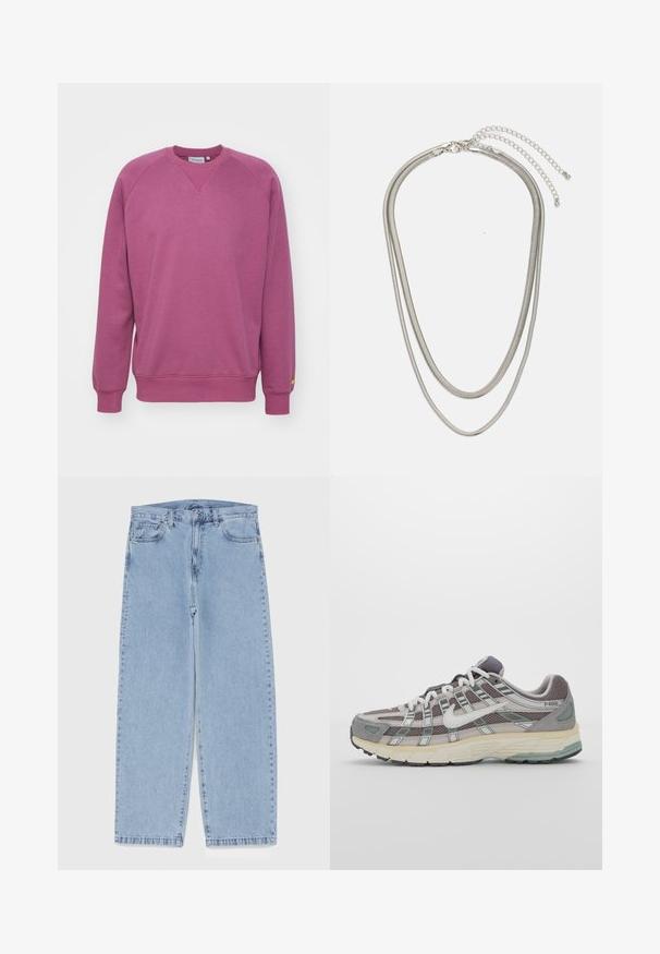 Carhartt WIP CHASE - Camisola - dusty fuchsia/gold; Jeans de denim azul claro com design de perna reta, apresentando uma cintura de altura média, cinco bolsos e um fecho de botão e zíper.; Sapatilha atlética cinza com parte superior em malha e camurça, detalhes brancos, sola acolchoada e um design distinto com elementos refletivos.; Colar de metal prateado em três camadas, com correntes flexíveis e elegantes que possuem um leve brilho, fechado com um fecho de lagosta e corrente ajustável.