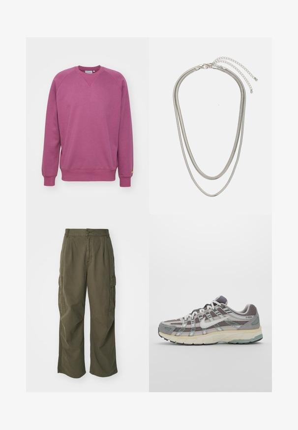 Carhartt WIP CHASE - Sweater - dusty fuchsia/gold; Cargo broek in olijfgroen, gemaakt van katoen, met een wijd broekontwerp, plooien en zijzakken voor utility.; Grijze sportieve schoen met een bovenwerk van mesh en suede, witte accenten, een gevoerde zool en een onderscheidend ontwerp met reflecterende elementen.; Driedelige zilveren metalen halsketting met slanke, flexibele kettingen met een lichte glans, beveiligd met een karabijnhaak en een verstelbare ketting.