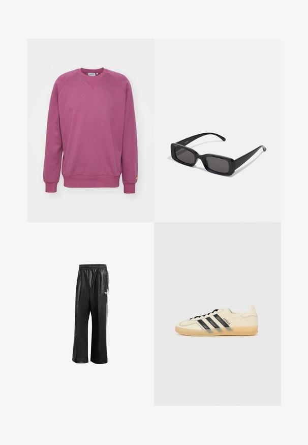 Carhartt WIP CHASE - Felpa - dusty fuchsia/gold; Pantaloni da corsa neri in materiale sintetico con vita elasticizzata, caratterizzati da strisce laterali bianche e un piccolo logo bianco sull'anca sinistra.; Sneaker di colore crema chiaro con design a tre strisce nere, tomaia testurizzata, punta rotonda e suola in gomma. Presenta lacci e branding sul lato.; Occhiali da sole neri rettangolari con lenti scure, finitura lucida, aste larghe e design della montatura spessa. Nome del marchio inciso su un'asta.