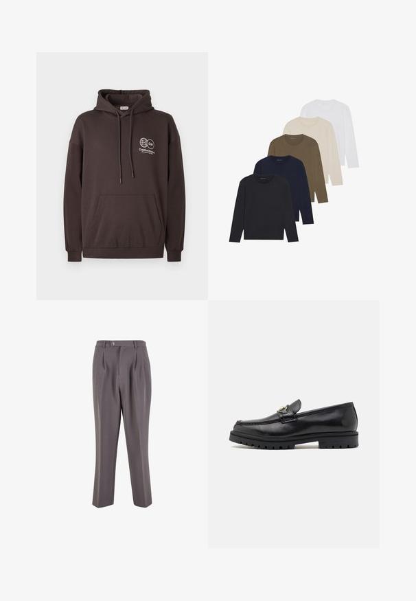 Dark brown hooded sweatshirt made of cotton blend, featuring a front pocket and a white logo with globe and text on the left chest area.; Five long-sleeve shirts in a gradient of colors: dark navy, navy, olive green, beige, and white. Each has a round neck and a smooth texture.; Gray pleated trousers made of smooth fabric, featuring a straight leg design, a single button closure, and slanted side pockets.; Black leather loafers with a smooth finish, round toe, a decorative strap with gold hardware, and a rugged black sole.