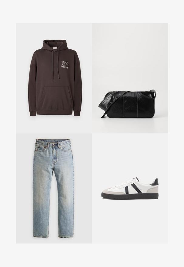 Felpa con cappuccio marrone scuro realizzata in misto cotone, dotata di una tasca frontale e un logo bianco con un globo e testo sulla parte sinistra del petto.; Jeans in denim azzurro chiaro con vita alta, bottone anteriore, cerniera e design a cinque tasche, adagiati su uno sfondo neutro.; Sneaker bianco con accenti neri e grigi, dotata di una punta grigia testurizzata, suola in gomma nera e lacci bianchi piatti. Design pulito, stile minimalista.; Borsa a spalla in pelle nera con chiusura a zip, caratterizzata da un corpo testurizzato, cuciture bianche e una tracolla con occhielli in argento.