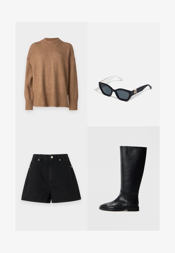 Pull en tricot marron avec un col montant côtelé, des épaules tombantes et un ourlet côtelé. La texture semble douce et chaude.; Shorts en denim noir taille haute, cinq poches, accessoires en métal argenté et coupe standard, présentant une texture lisse et des finitions soignées.; Botte en cuir noir, montant jusqu'au genou, avec un bout arrondi, texture lisse, design minimaliste et semelle plate. Détails de couture simples sur la tige.; Tommy Hilfiger Lunettes de soleil - blue