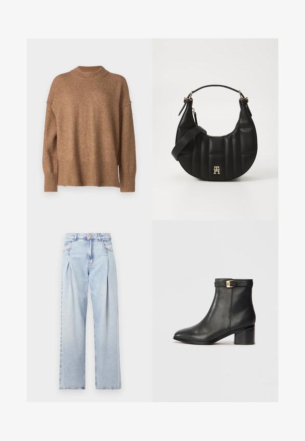 Brūns adīts džemperis ar augstu, ribotu apkakli, nolaižamām plecu līnijām un ribotu apakšmalu. Tekstūra izskatās mīksta un siltumīga.; Gaiši zilas džinsu bikses ar augstu jostasvietu, plats kāju griezumu, divām sānu kabatām un krokotā dizaina akcentiem. Mīksta tekstūra ar izdilušu apdari.; Melnas ādas potītes zābaki ar gludu tekstūru, noapaļota purngala forma un zelta tonī siksniņas akcenta sprādze uz potītes siksniņas. Bloku papēža dizains.; Melnas ādas rokassoma ar izliekumu formu, kā arī izšūtu tekstūru un zelta aksesuāriem. Iespējas iekļauj noņemamu plecu siksnu un logo detalizāciju.