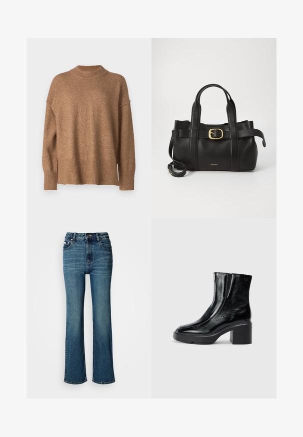 Maglione a maglia marrone con collo ribattuto alto, spalle cadenti e orlo a coste. La texture sembra morbida e calda.; Jeans a vita alta blu in denim, con un design a gamba dritta, lievi sbiaditure e chiusura con bottone e cerniera standard.; Stivali alla caviglia in pelle verniciata nera con punta curva, pannelli laterali elasticizzati e tacco robusto. Presentano un logo impresso sul retro.; Borsa a mano in pelle nera con un design strutturato, doppie maniglie superiori, accentuazione in metallo dorato e logo del marchio in rilievo sul davanti.