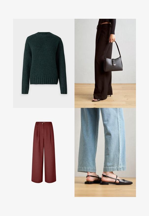 Tumši zaļš adīts džemperis ar ribotu tekstūru, apaļu kakla izgriezumu un garām piedurknēm. Apakšmalai un piedurkņu galiem ir ribota struktūra.; Plašas bikses bagātā bordo krāsā, izgatavotas no gludas auduma. Ar jostu, priekšu krokām un vienu pogu aizdari.; Melnas ādas puszābaki ar smailu purngalu, plakanu papēdi un potītes siksniņu; valkāti ar gaiši ziliem platjaku džinsiem.; Melnā somiņa ar strukturētu formu, gludu tekstūru un metālu sprādzi. Saskaņota ar platām melnām biksēm un sandālēm ar atvērtu purngalu uz koka grīdas.; Zeltainā tonī auskari, kas iekļauj dažādus dizainus, tostarp pīrsingu, gredzenus un karājošus elementus ar pērlēm un rhinestones.