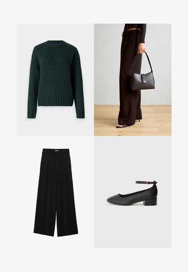 Dark green knitted sweater with a ribbed texture, round neckline, and long sleeves. The hem and cuffs are ribbed as well.; Black wide-leg pants featuring a textured fabric, an elastic waistband, and a detachable sash tie at the waist for adjustable fit.; Black leather pump with a pointed toe and a low block heel. Features an ankle strap with a gold-tone buckle. Smooth texture.; Black handbag with structured shape, smooth texture, and a metallic clasp. Paired with wide black pants and open-toe sandals on wooden floor.