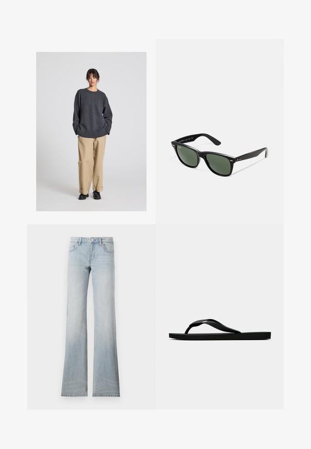 Grauer Pullover mit lockerer Passform und geripptem Saum, kombiniert mit beigen, hochgekrempelten Hosen und schwarzen Schuhen. Glatte Textur, minimalistisches Design.; Helle blauen, ausgestellten Jeans aus Denim mit einem verblassten Finish, fünf Taschen und einem Knopfverschluss. Der Stoff hat eine glatte Textur und einen leichten Stretch.; Schwarze Gummi-Flip-Flop-Sandale mit einem strukturierten Riemen und einfacher flacher Sohle, von der Seite auf einem schlichten hellen Hintergrund dargestellt.; Schwarze Plastiksonnenbrille mit grünen Gläsern, quadratischen Rahmen, silbernem Akzent auf der Augenbraue und strukturierten Bügeln. Angegebene Marke auf dem inneren Bügel.; DRAGON DIFFUSION MINI FLAT GORA - Handtasche - dark brown