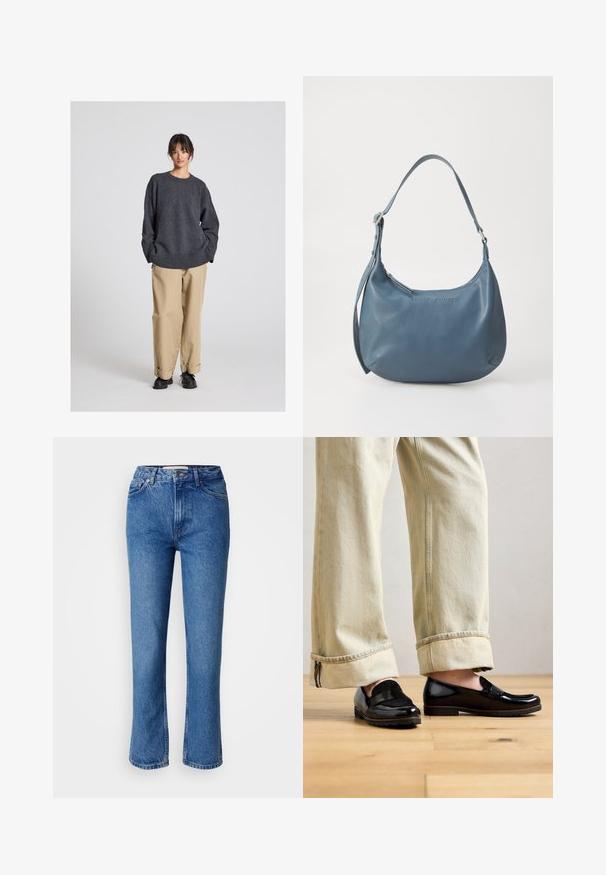 Grauer Pullover mit lockerer Passform und geripptem Saum, kombiniert mit beigen, hochgekrempelten Hosen und schwarzen Schuhen. Glatte Textur, minimalistisches Design.; Blaue Jeans aus Denim mit geradem Bein, klassischem Fünf-Taschen-Design, oranger Steppnaht und Knopfleiste.; Person, der bequeme beigefarbene Hose mit Aufschlägen und glänzende schwarze Leder-Slipper trägt, steht auf einem Holzboden vor einem hellen Hintergrund.; Blaue Lederhandtasche mit runder Form, einem Schulterriemen, Reißverschluss und eingeprägtem Markennamen auf der Vorderseite. Glatte Textur.