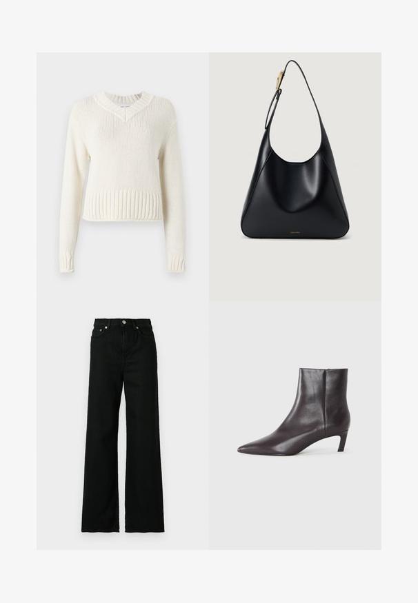 Cream-colored knitted sweater with a V-neck, ribbed hem, and long sleeves. Made of textured fabric, featuring a boxy silhouette.; Black denim jeans with a high waist, wide-leg cut, featuring a front button and zip closure, and classic five-pocket design.; Black leather ankle boot with pointed toe and low kitten heel, smooth finish, side zipper, shown on a neutral background.; Black leather shoulder bag with a smooth texture, curved silhouette, and a gold hardware accent. Features embossed brand logo at the base.