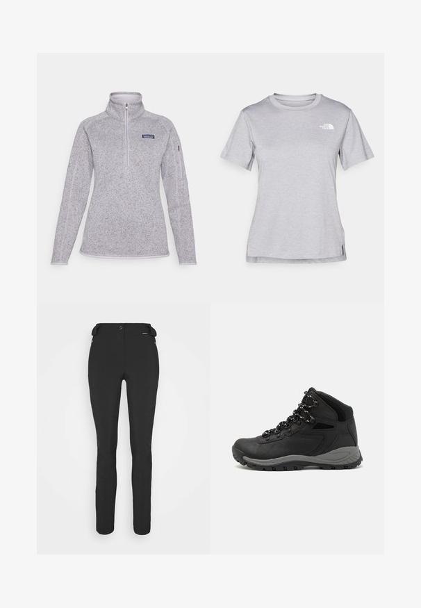 Light grey fleece pullover with a mock collar and half-zip closure. Features a small logo on the chest and textured fabric with smooth edges.; Grey short-sleeve t-shirt made of soft, moisture-wicking fabric. Features a crew neck and a small white logo on the upper left.; Black, fitted pants made from a flexible material. Features include a zippered side pocket, articulated knees, and a smooth texture.; Black hiking boot with a mid-top design, featuring a textured upper, gray accents, and durable rubber sole with traction lugs.