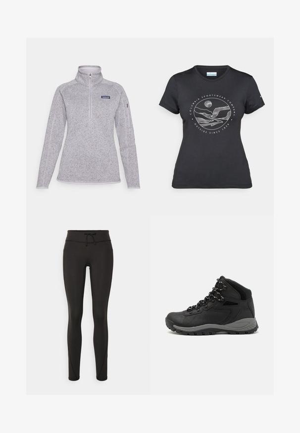 Világosszürke gyapjú pulóver, állógallérral és félig zipzáras záródással. Tartalmaz egy apró logót a mellkason, valamint textúrált anyagot sima szélekkel.; Fekete Columbia póló fehér, kör alakú hegy és folyó vonalrajzzal, valamint a "Columbia Sportswear Company Outside Since 1938" felirattal.; Fekete leggings magas derékkal, zsinórral, sima textúrával és testhezálló kialakítással. Oldalt varrási részletekkel rendelkezik.; Fekete túracipő közepes magasságú kialakítással, texturált felsőrésszel, szürke részletekkel és strapabíró gumitalppal, amelynek tapadós kiemelkedései vannak.