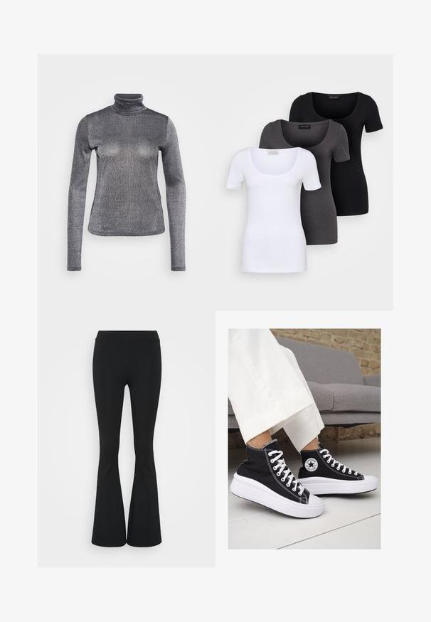 Hosszú ujjú garbós felső fényes ezüst színű anyagból. Simaság jellemzi, testhezálló kialakítással, finom fényességgel és magas nyakkivágással.; Három szűkített T-póló fehér, szürke és fekete színben. Mindegyik széles, kerek nyakkal és rövid ujjakkal rendelkezik. Simább, elasztikus anyagból készült.; Fekete harangszárú nadrág, rugalmas anyagból készült, magas derékkal és sima felülettel. A nadrág a térdtől kezdve bővül.; Fekete vászon magas szárú tornacipők fehér gumitalppal és fűzővel. Az oldalon egy kör alakú logó található, és kontrasztos fehér varrásokkal rendelkezik.