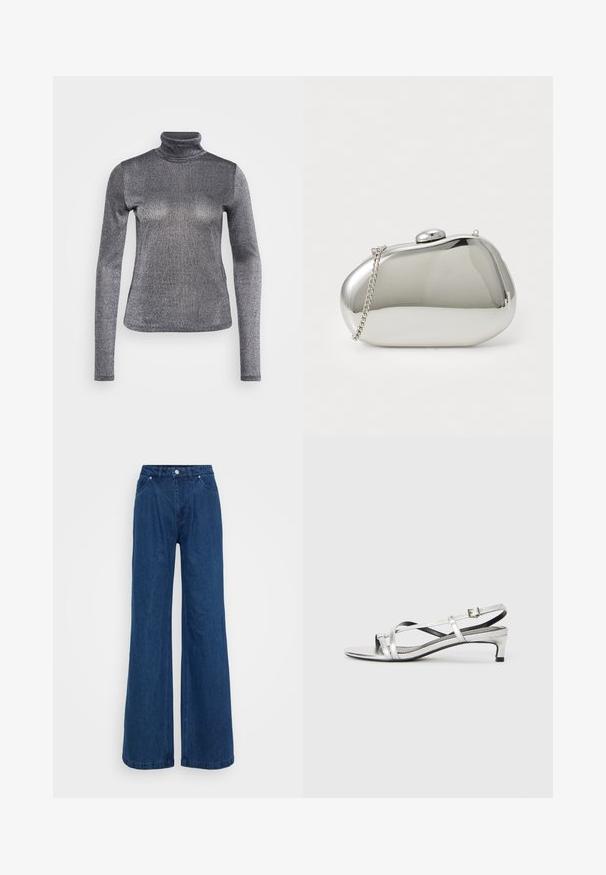 Pikkade varrukatega turtleneck särk metallilisest hõbedasest materjalist. Sile tekstuur, vormiv disain, peene sära ja kõrge kaelus.; Hallise jalgadega sinised denim püksid kõrge vöökohaga, ees nupuga ja tõmbluku sulguri ning ees ja taga taskutega, lihtsa tausta ees.; Hõbedane metallist suss-sandaal madala kandega, millel on ristuvad rihmad ja sile tekstuur. Minimalistlik disain.; Hõbe metallist kott, millel on ümar ja sile kuju. Varustatud klambriga sulgemisega ja eemaldatava kettpaelaga. Peegeldav pind, ilma mustriteta.