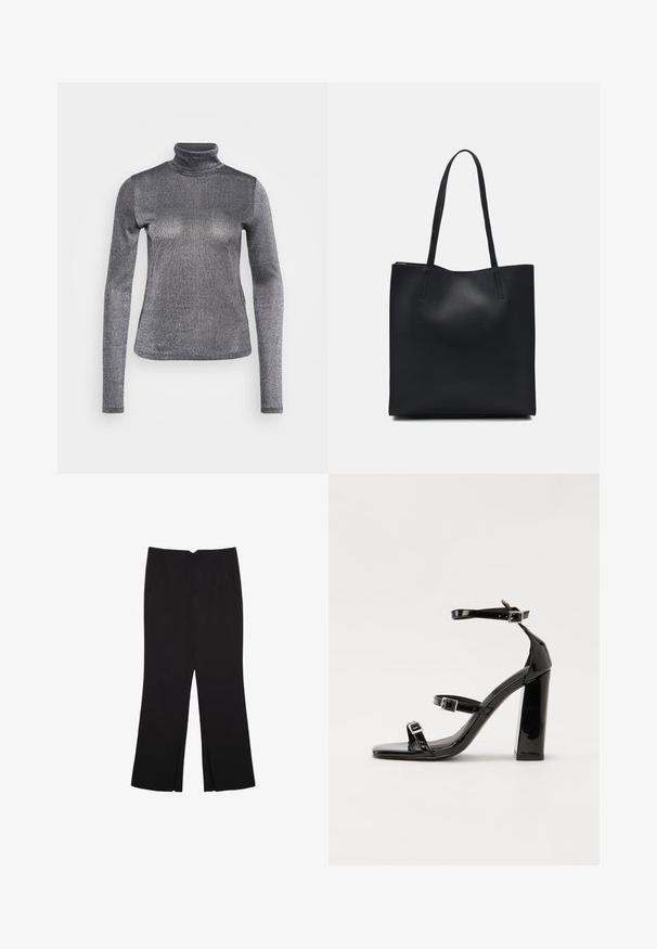 Dlhý rukáv, rolák z kovového strieborného materiálu. Hladká textúra, priliehavý strih, s jemným leskom a vysokým golierom.; Čierne nohavice so strihom rovného strihu, s prednými vreckami a bočnými rozparkami na leme. Vyrobené z mäkkej, hladkej tkaniny. Vhodné na rôzne príležitosti.; Čierne lakované sandále na podpätku so štvorcovou špičkou, navlečenými remienkami okolo členku a striebornými prackami. Disponujú masívnym blokovým podpätkom pre stabilitu.; Čierna kožená taška na rameno s hladkým povrchom, obdĺžnikovým tvarom a dvoma dlhými uchami. Bez viditeľného kovania alebo ozdôb.