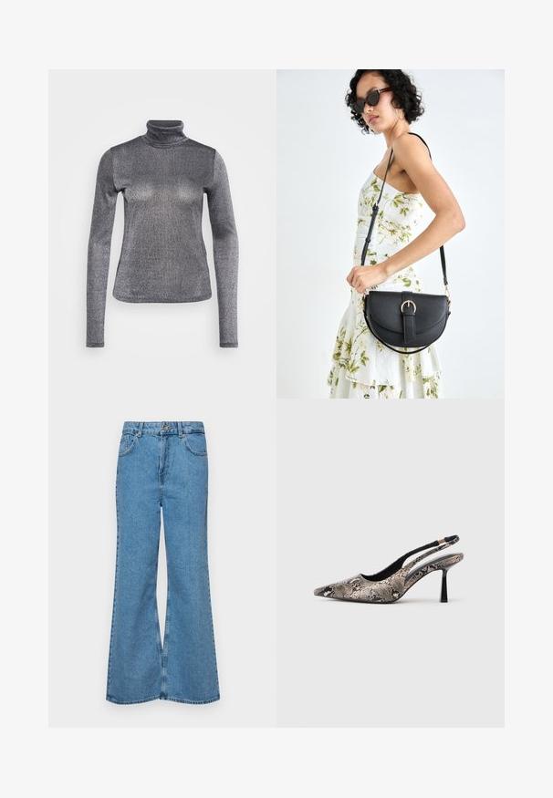 Garā piedurkņu turtlenecks augšdaļa no metallic sudraba materiāla. Gluda tekstūra, pieguļošs dizains ar smalku spīdumu un augstu kakla izgriezumu.; Gaiši zili, platā piegriezuma džinsi, kas izgatavoti no denima, ar augstu jostasvietu, piecām kabatām un vienu pogu. Mīksta tekstūra ar nolietotu apdari.; Punktēti purngalu slingback apavi, kas izgatavoti no teksturētas čūsku drukas materiāla, ar plānu melnu papēdi un izgriezumu dizainu sānos.; Melnas ādas rokassoma ar izliekta formu, noņemamu siksnu un zelta aksesuāriem. Somai ir vāciņš ar sprādzes detaļu.